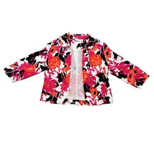Kim Rogers Petite Womens PS Pink Orange Floral White Linen Zip Jacket 3/4 Sleeve